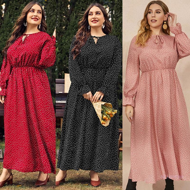 Đầm Maxi Tay Dài Phồng Plus Size In Họa Tiết Chấm Bi Cổ Điển Cột Dây Eo Co Giãn Phía Trước Cho Nữ