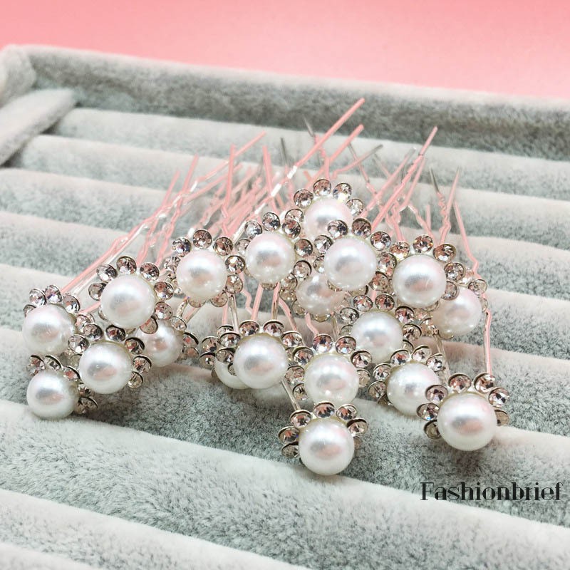 Set 10 trâm cài tóc hình chữ U đính hạt trân châu thanh lịch dùng trang điểm cho cô dâu