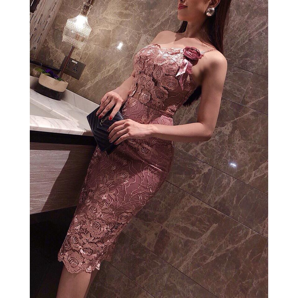 Đầm body ren hoa hồng nổi 1 màu sang chảnh