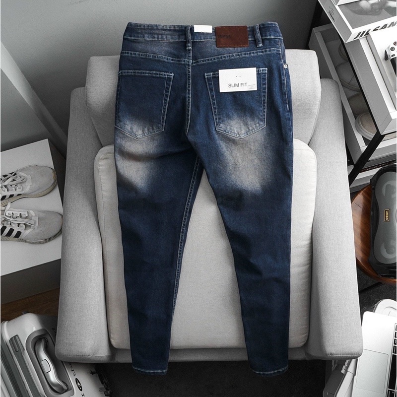 Quần jean nam cao cấp xanh giặt ống ôm Quần bò xanh nhớt jeans co giản