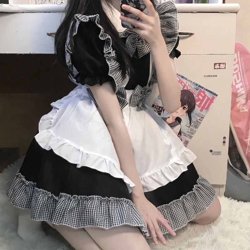 [O] Maid cosplay - Đầm hóa trang hầu gái họa tiết phối kẻ caro người giúp việc dễ thương [Miu Cosplay] | BigBuy360 - bigbuy360.vn