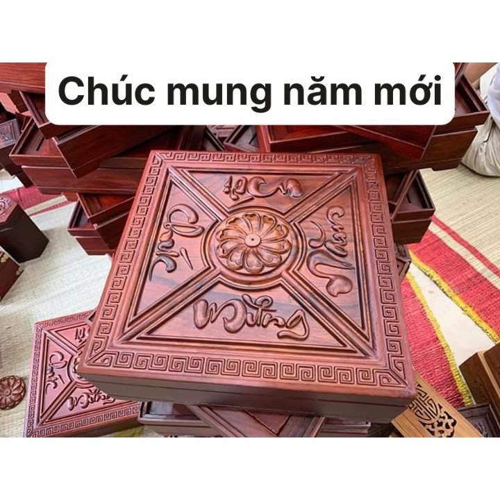 Khay Đựng Bánh Kẹo Vuông Bằng Gỗ Hương - Chúc Mừng Năm Mới