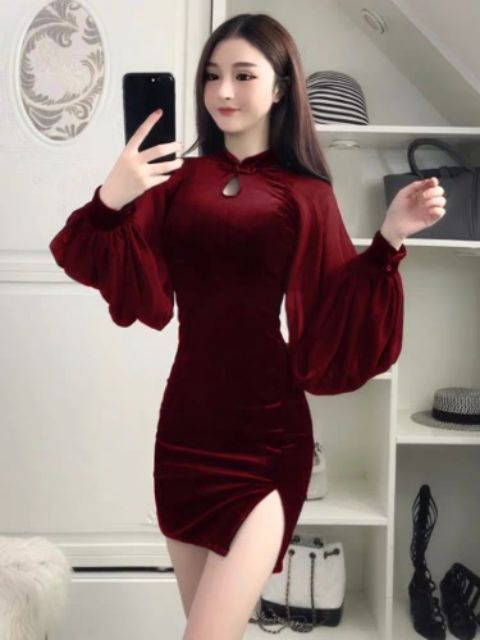 Ảnh thật-Clip thật Sườn xám nhung tay voan đỏ size SML