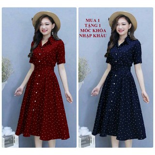 Đầm Công Sở 2 Màu Dáng Xòe Chấm Bi Kèm Bell Có Túi Hai Bên