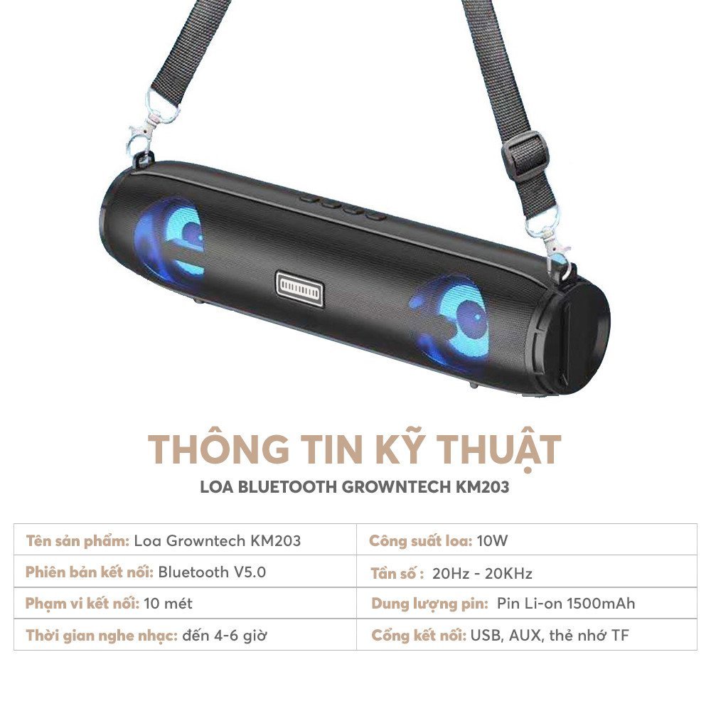 Loa nghe nhạc bluetooth bass khủng hát karaoke cao cấp GrownTech KM203 chịu nước tốt có đền led kết nối 2 thiết bị at170