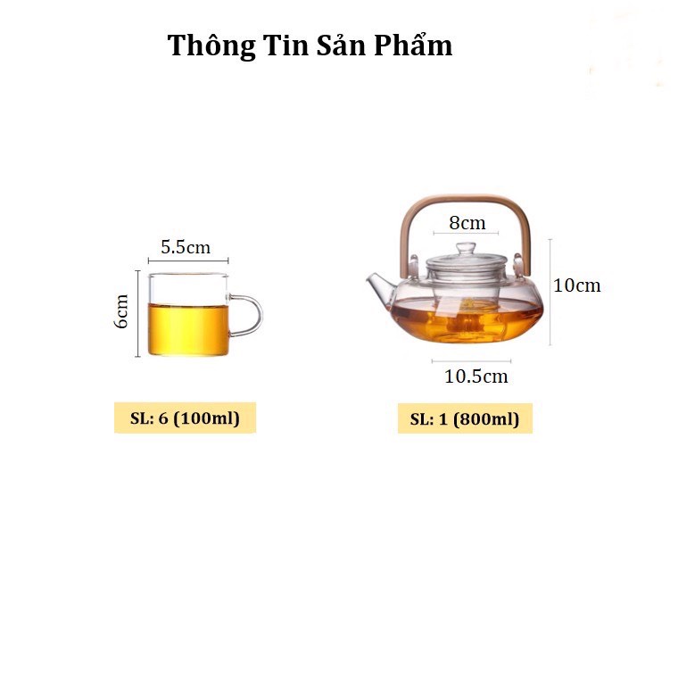 Bộ ấm chén pha trà thủy tinh 800ml tay gỗ thấp