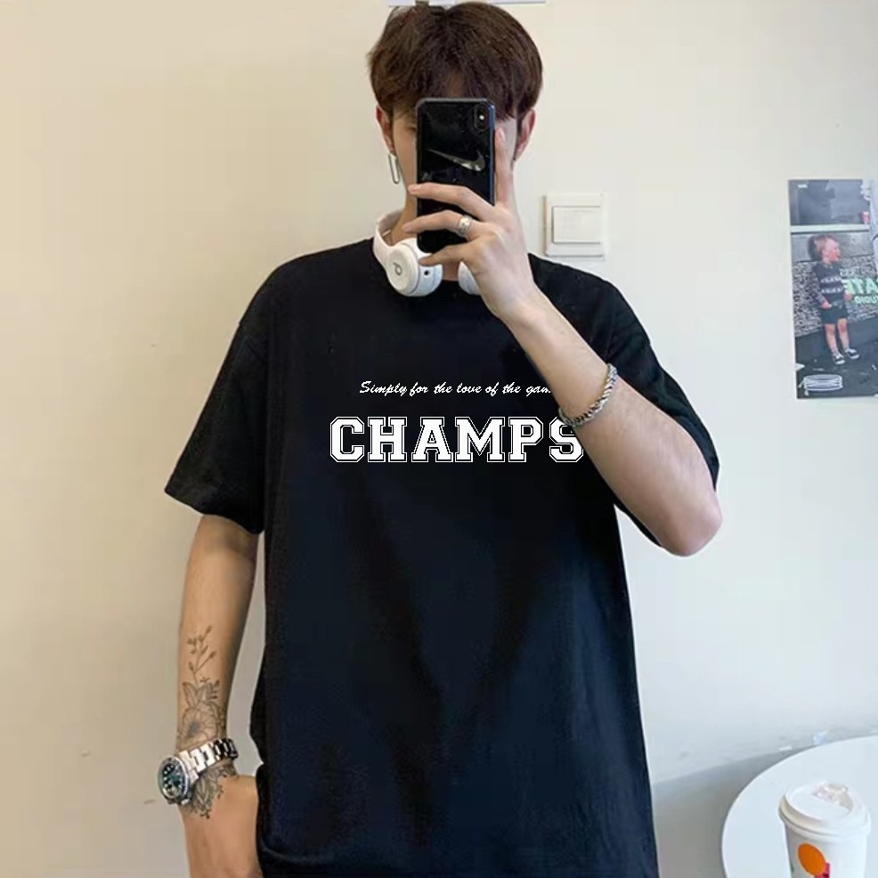 Áo phông unisex form rộng tay lỡ in hình Champs chất cotton mềm mát