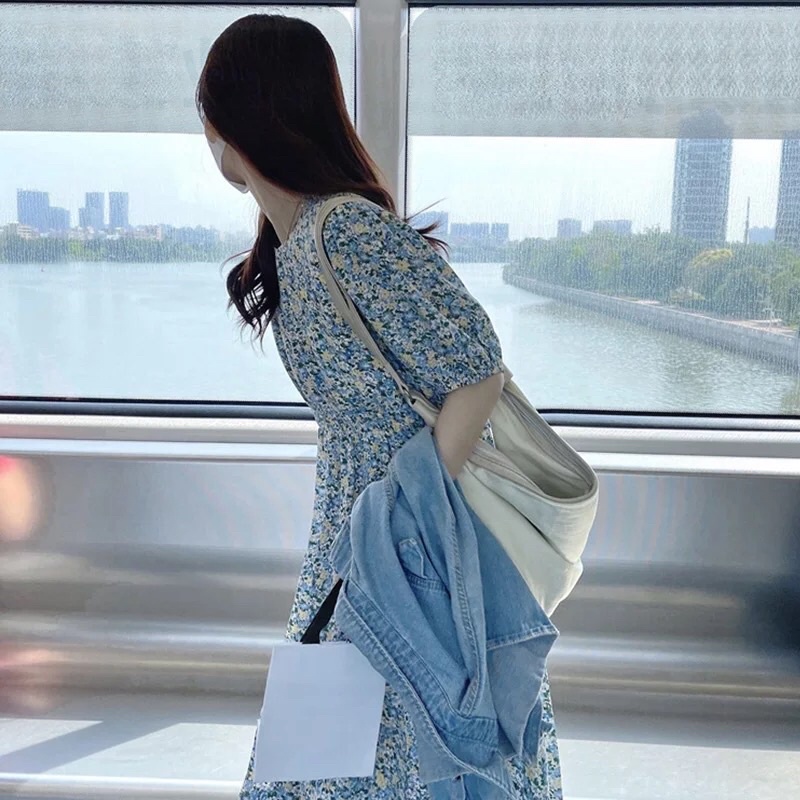 Váy Hoa Nhí Xanh Chun Eo Tay Bồng