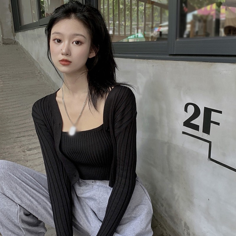 Set Áo Hai Dây + Áo Khoác Cardigan Màu Trơn Thời Trang Quyến Rũ Cho Nữ | BigBuy360 - bigbuy360.vn