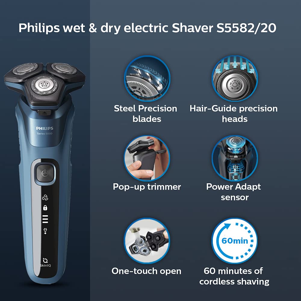 Máy cạo râu khô và ướt Philips 3 lưỡi cắt S5582, an toàn cho da, bảo hành 2 năm | Hàng chính hãng