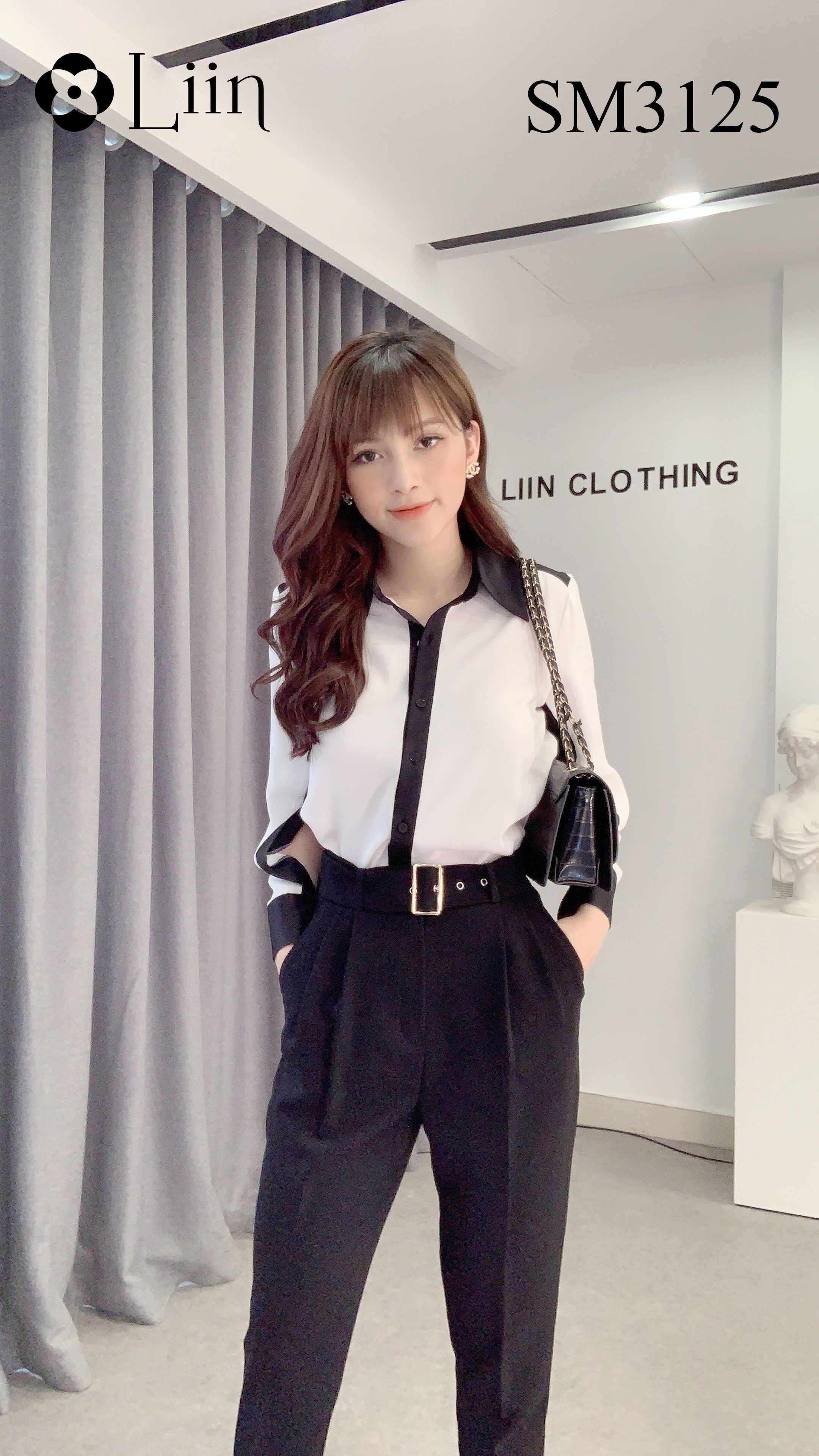 Áo sơ mi nữ cao cấp chất Lụa đẹp, màu Trắng kết hợp Tay Pha viền đen cá tính Liin Clothing SM3125 | WebRaoVat - webraovat.net.vn