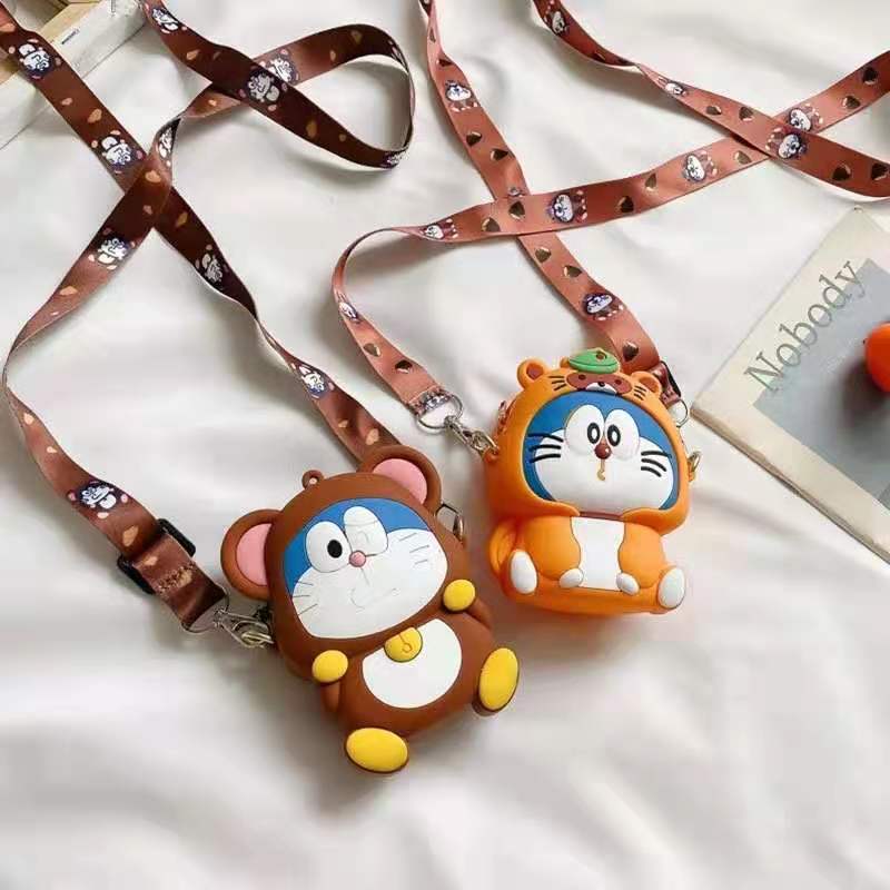 túi đựng tiền Korean Version Cartoon Doraemon Sling Bag Crossbody Silicone Wallet Card Shoulder Bag Diagonal Girls Women Soft Coin Purse Bag with Strap