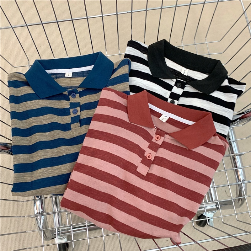 SUXI Áo polo Cotton Ngắn Tay Họa Tiết Sọc Ngang Thời Trang Dành Cho Nữ