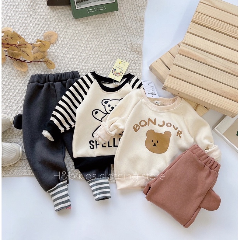 Bộ thun nỉ bông siêu ấm họa tiết gấu cho bé trai từ 8-20kg