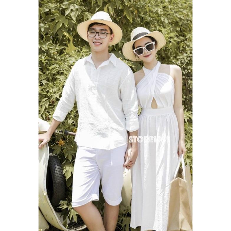 SET ĐỒ ĐÔI TÌNH NHÂN ÁO SƠ MI NAM ĐẦM NỮ ĐI BIỂN ĐẦM YẾM MÀU TRẮNG PHONG CÁCH HÀN QUỐC .