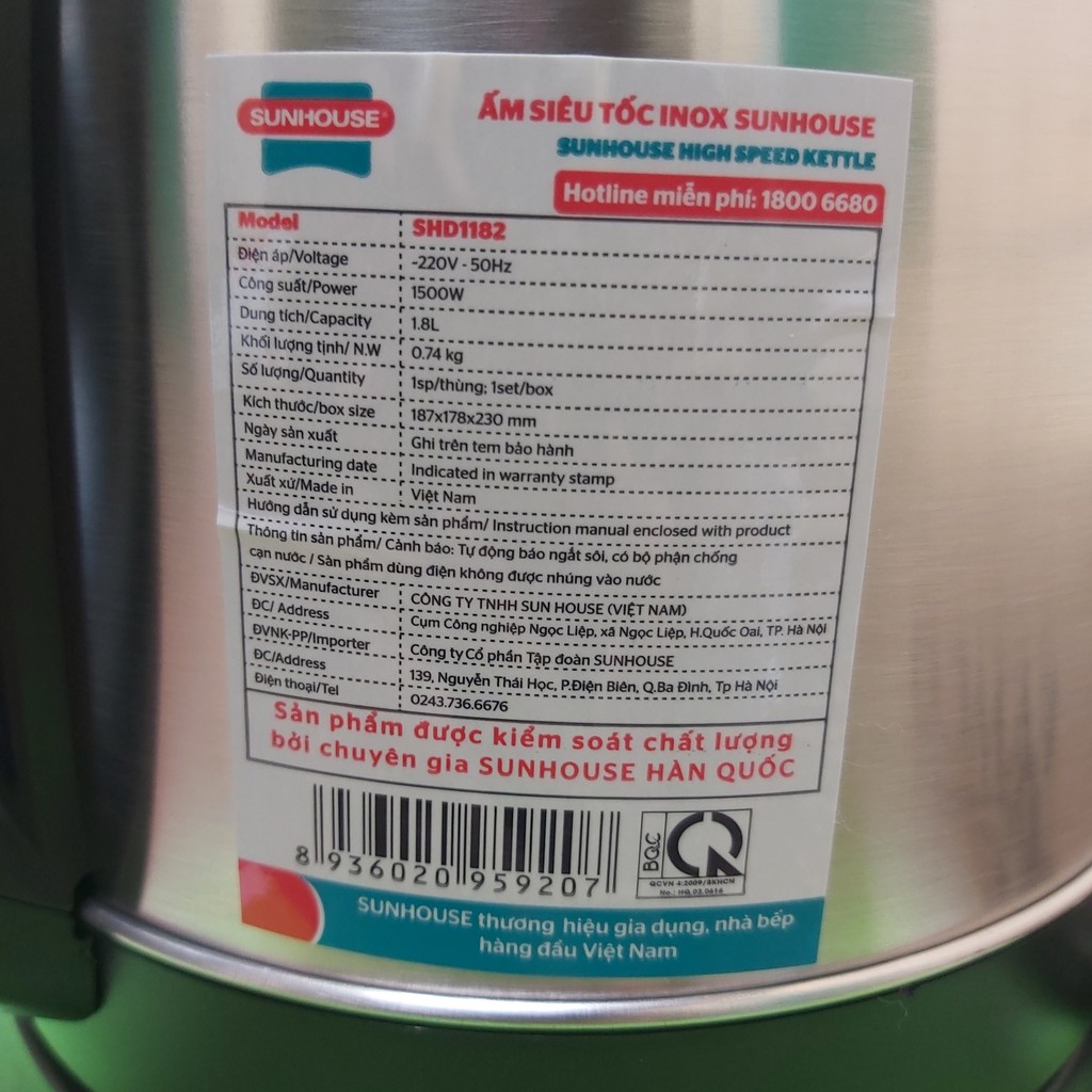 Ấm siêu tốc Sunhouse 1182 chính hãng giá rẻ nhất