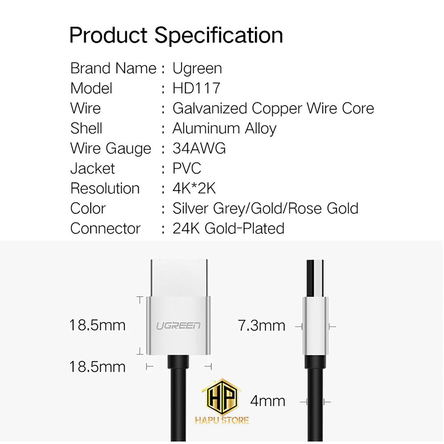 Cáp HDMI 2.0 siêu mỏng Ugreen 50304 dài 5M hỗ trợ 4K chính hãng - Hapustore