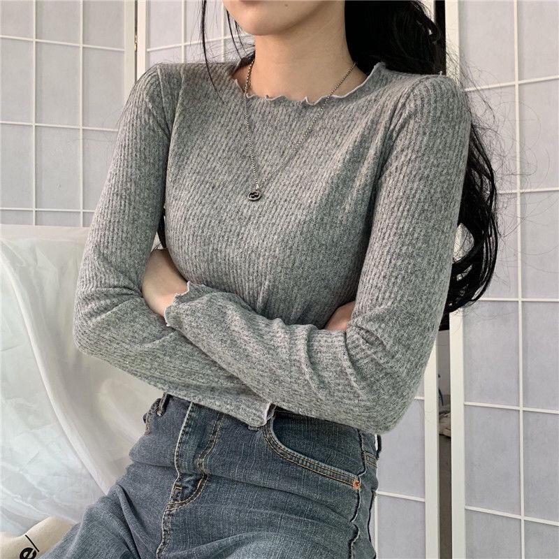 Áo len tăm nữ mỏng cổ bèo nhún basic, áo thun dệt kim mỏng dài tay dáng ôm thu đông Banmoon