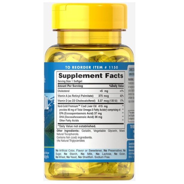 Dầu gan cá tuyết giúp sáng mắt Puritan's Pride Cod Liver Oil 100 viên | Thế Giới Skin Care