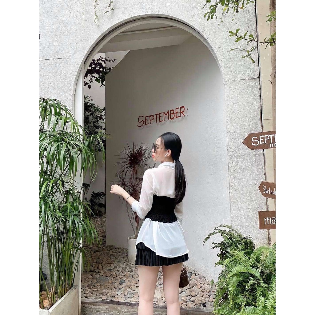 Set Áo Sơ Mi Trắng sơ mi lụa nữ tay dài kiểu nữ công sở hàn quốc thiết kế, áo ống lưng chun co giãn | BigBuy360 - bigbuy360.vn