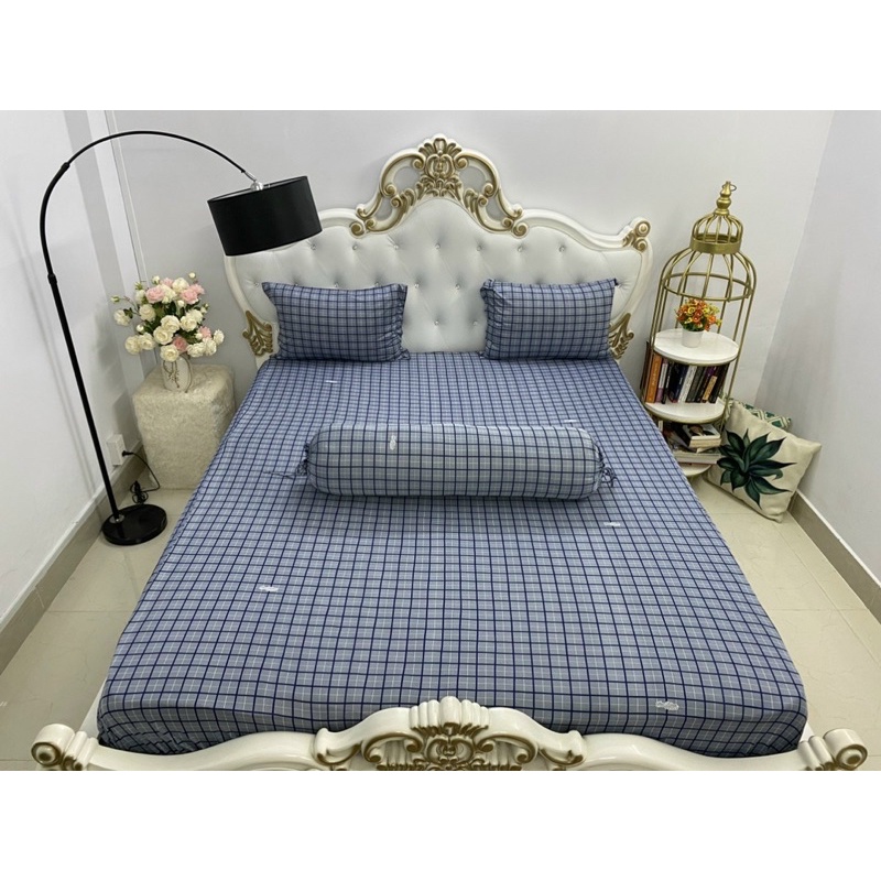Bộ ga gối thun mẫu caro xám xanh