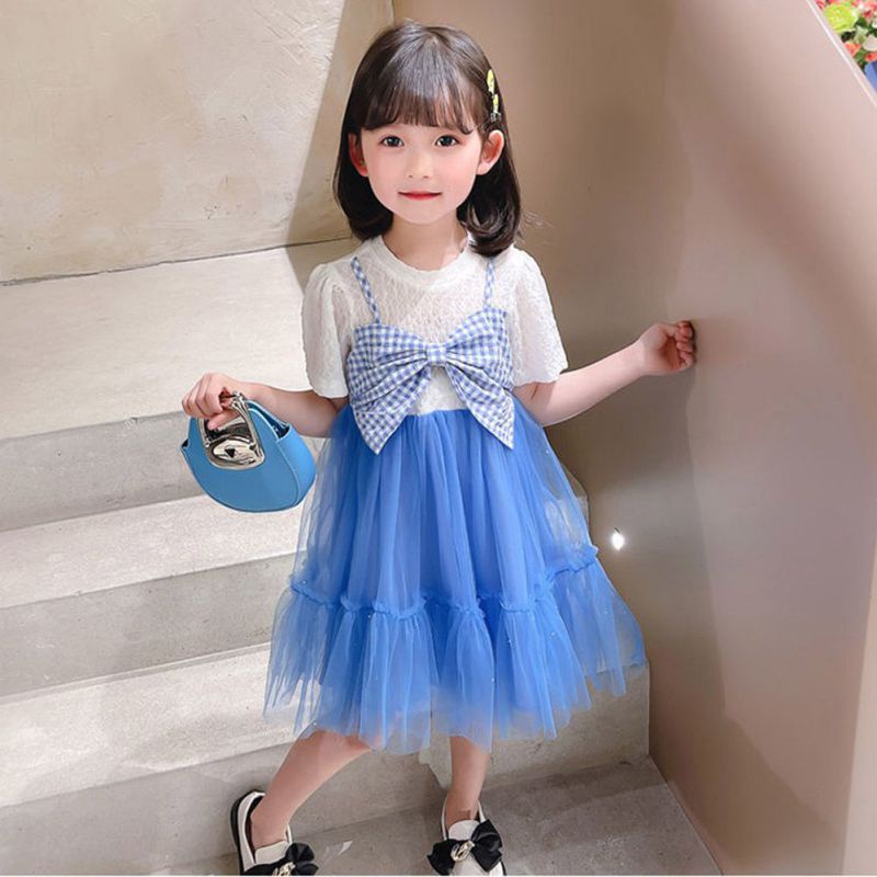 Đầm Công Chúa Tay Ngắn Phối Ren Giả Hai Lớp Thời Trang Mùa Hè Cho Bé Gái