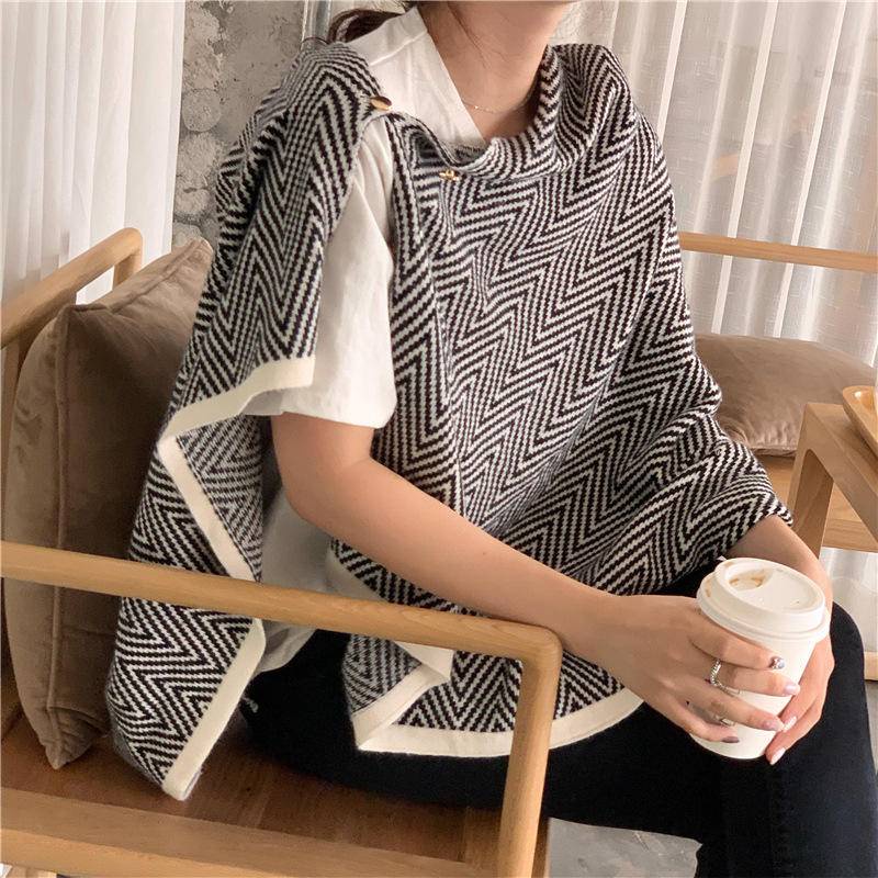 Khăn Choàng Cổ Hai Chức Năng Dày Dặn Ấm Áp Cài Nút Họa Tiết Kẻ Sọc Phong Cách Hàn Quốc Mới Dành