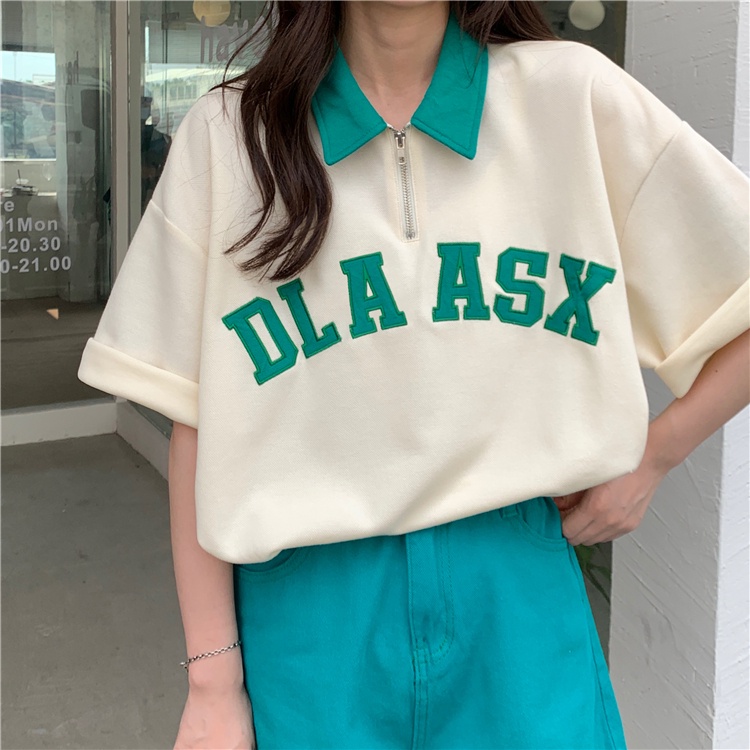 Áo polo Ngắn Tay Dáng Rộng Thêu Chữ Phối Khóa Kéo Kiểu Hàn Quốc Trẻ Trung Cho Nữ