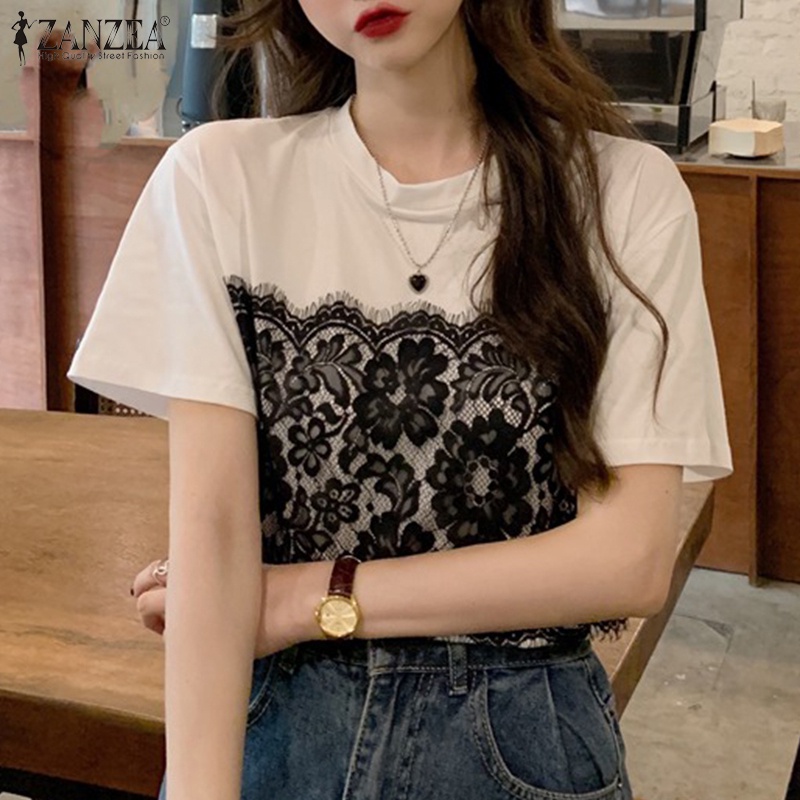 Áo thun ZANZEA tay ngắn phối ren cổ tròn cho nữ