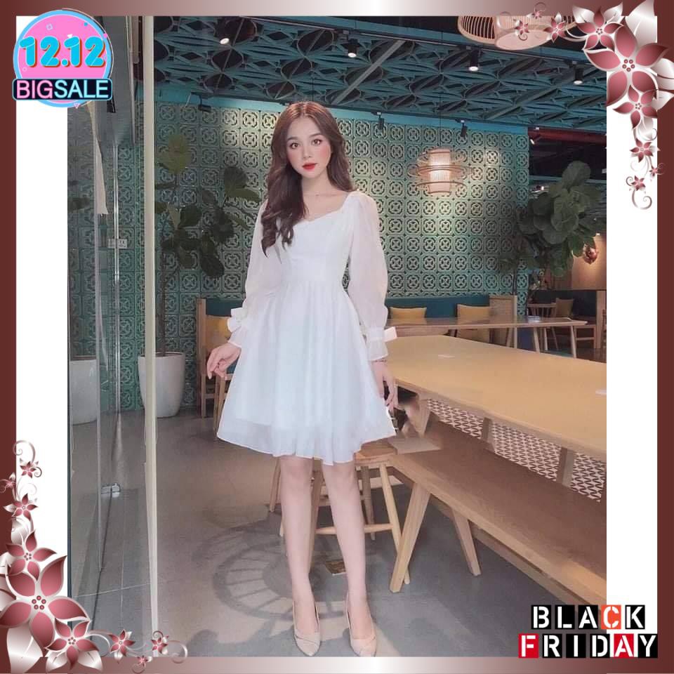 Đầm trắng dáng xòe cổ vuông phối nút bọc tay nơ [KÈM ẢNH THẬT] | BigBuy360 - bigbuy360.vn