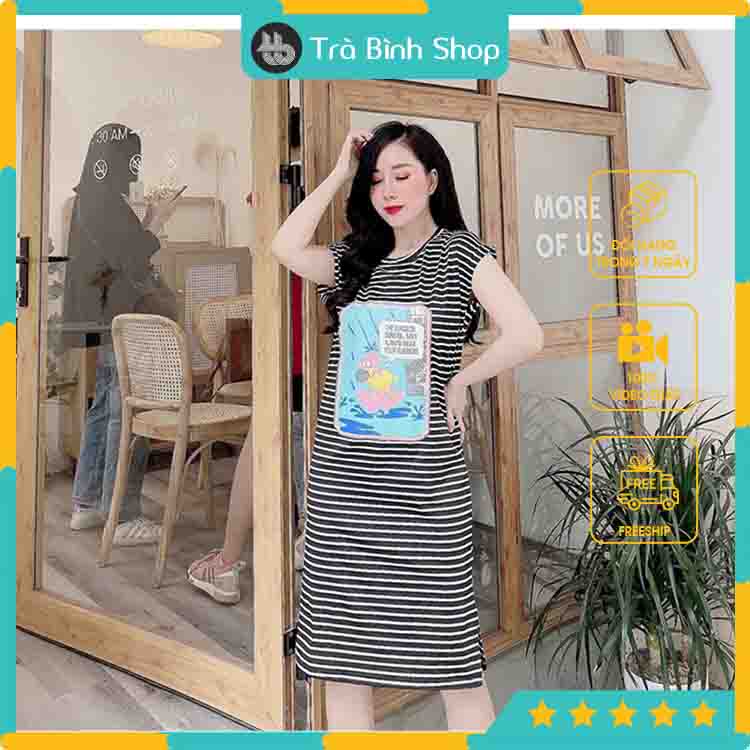 Váy Suông Dáng Dài Đầm Cổ Tròn Họa Tiết Chú Chó Mũi Hồng Chất Cotton Co Dãn
