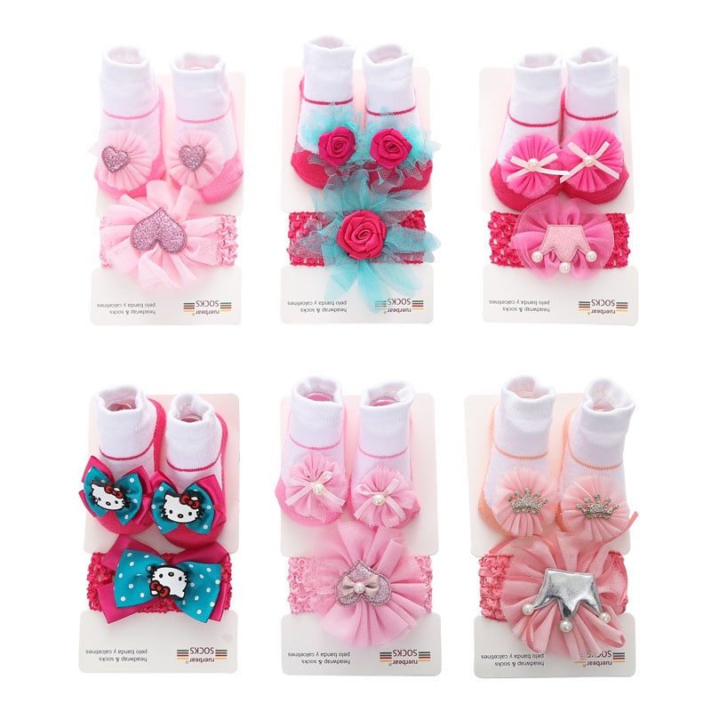 Set vớ cotton + băng đô đính hoa dễ thương để chụp ảnh cho bé sơ sinh