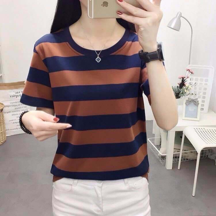 Áo Thun Tay Ngắn Dáng Rộng Họa Tiết Kẻ Sọc Thời Trang Cho Phụ Nữ Trung Niên