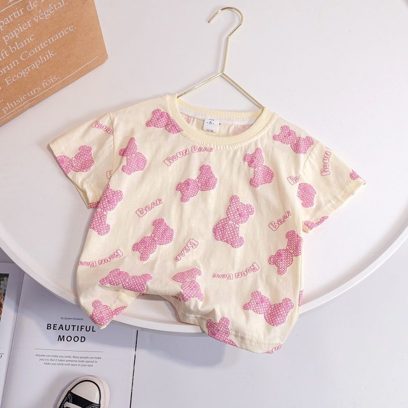 Áo Thun Tay Ngắn Cổ Tròn In Hình Gấu Dáng Rộng Thời Trang Mùa Hè Hàn Quốc Hàng Mới Dành Cho Bé Gái 2023