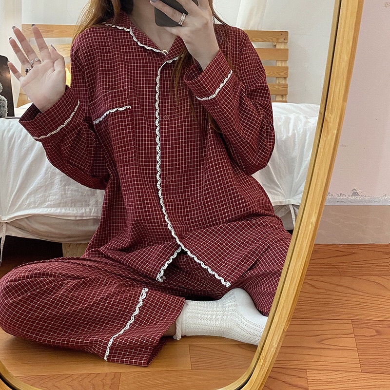 Set đồ ngủ dài tay caro basic phong cách Hàn Quốc[MÃ 14]