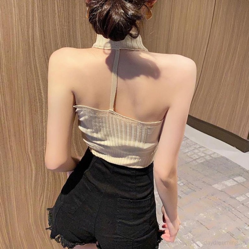 Áo Hai Dây Cổ Yếm Phối Khóa Kéo Màu Sắc Đơn Giản Thời Trang Cho Nữ
