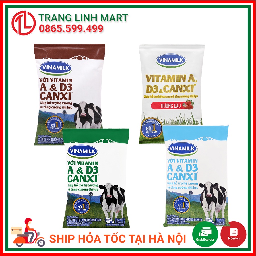 Sữa dinh dưỡng VINAMILK có đường / nguyên chất /dâu/ socola bịch 220ml