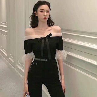 Áo trễ vai cải voan màu đen nơ ngực