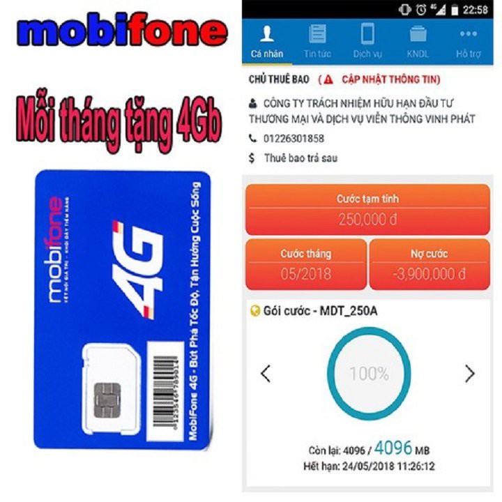 MUA 1 LẦN DÙNG MIỄN PHÍ CẢ NĂM Sim 4G Mobifone MDT250A  Tặng 48GB data tốc độ cao