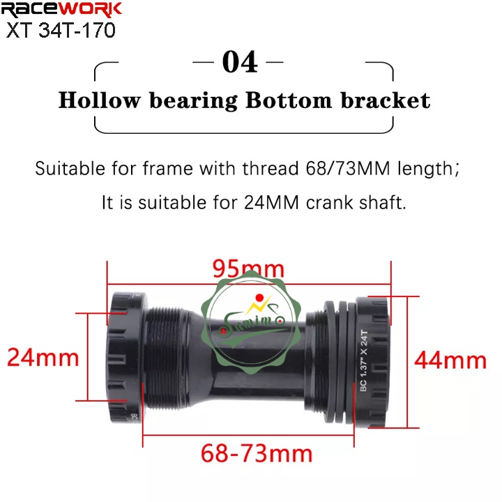 Giò dĩa xe đạp - Đùi dĩa cốt rỗng RACEWORK XT 34T-170 kèm BB-68/73 - Chính hãng