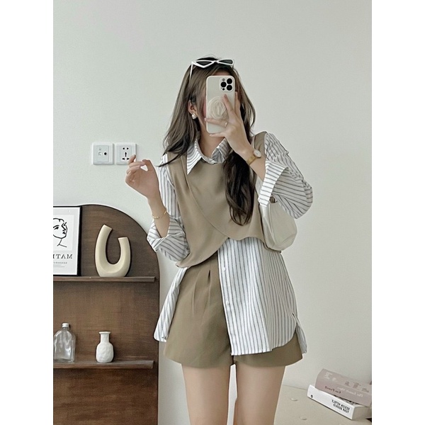 Sét áo sơ mi kèm gile Ulzzang  , sét đồ nữ áo sơ mi dài tay và gile  rời ulzzang Dumi Clothing