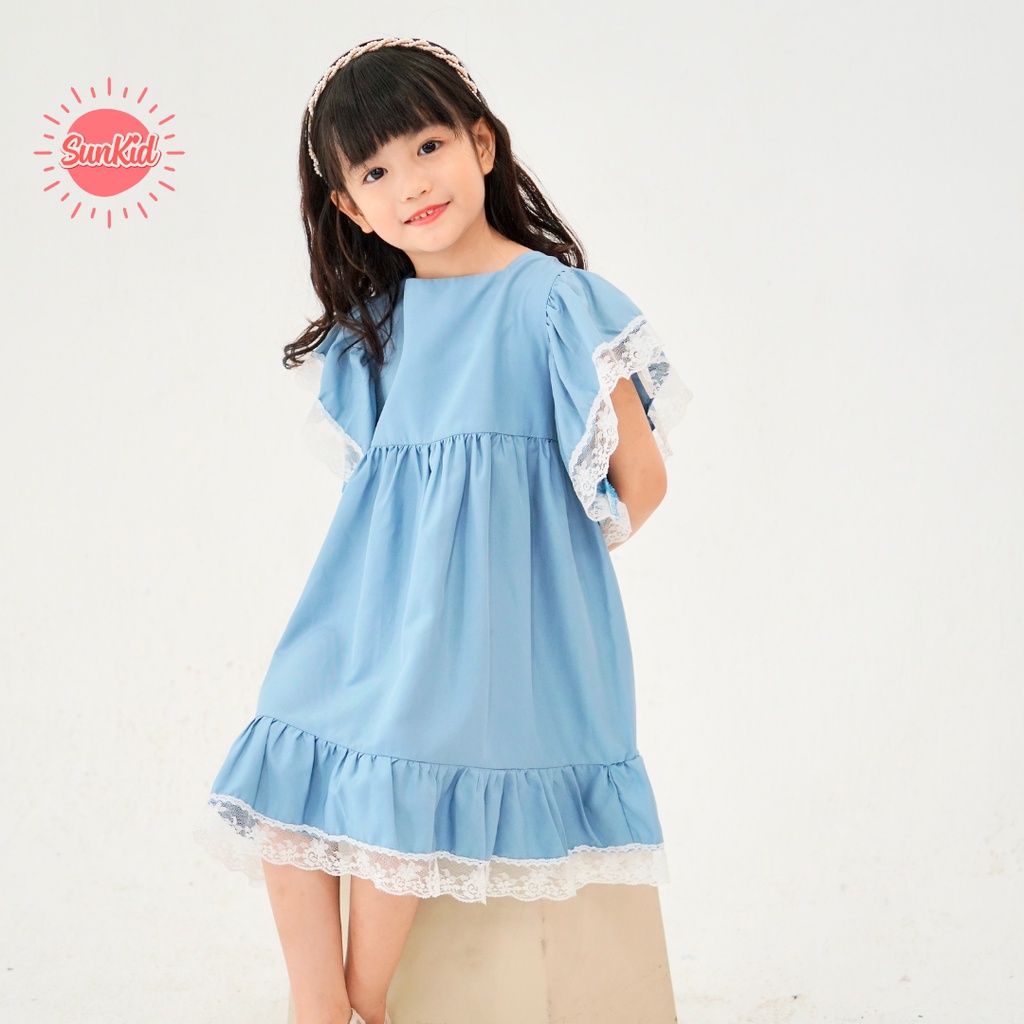 Váy đầm bé gái dáng suông vải trượt chéo cao cấp mùa hè Sunkid PP màu xanh size trẻ em 4-12 tuổi