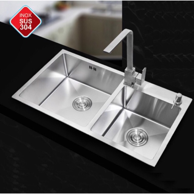 [GIÁ XƯỞNG]COM BO Chậu rửa chén bát 8245, 2 hộc lệch và vòi nóng lạnh inox 304