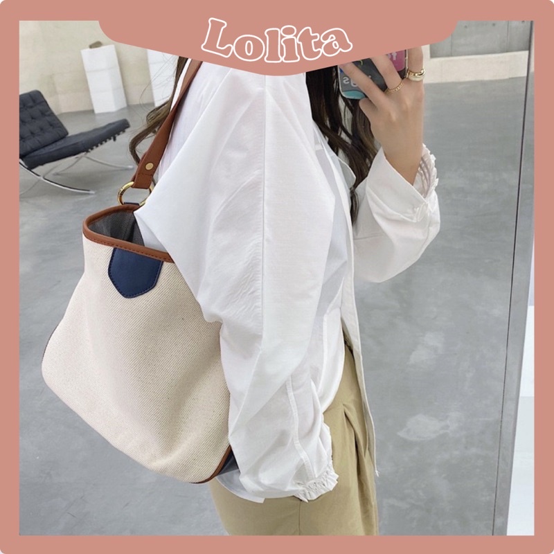 Túi Tote Vải Canvas 2 Dây Phối Màu Vintage LOLITA