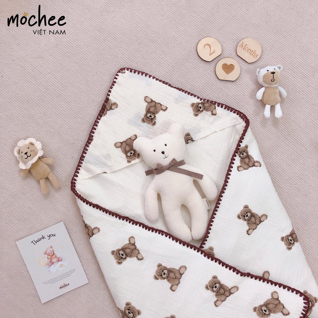 Ủ choàng xô trần bông cho bé Mochee 90x90cm, chăn ủ muslin cotton mềm mại - Monnie Kids