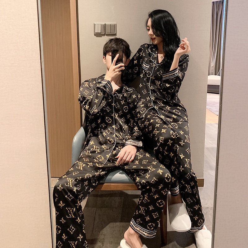 ♘❆∈Bộ đồ ngủ cặp đôi lụa băng giá xuân thu dài tay nhân tạo mỏng mặc nhà plus size phiên bản Hàn Quốc của đông nữ