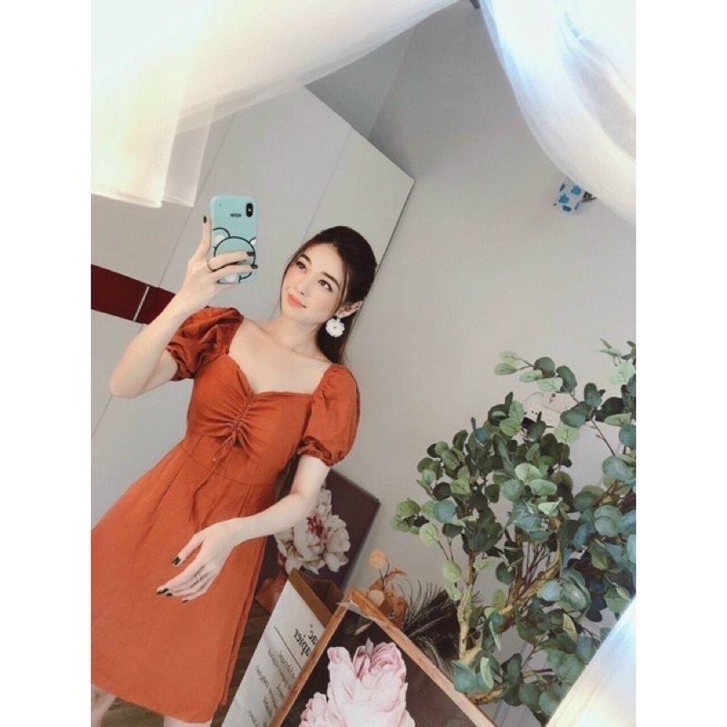 Đầm xoè rút dây ngực tay phồng siêu cưng-hình thật.