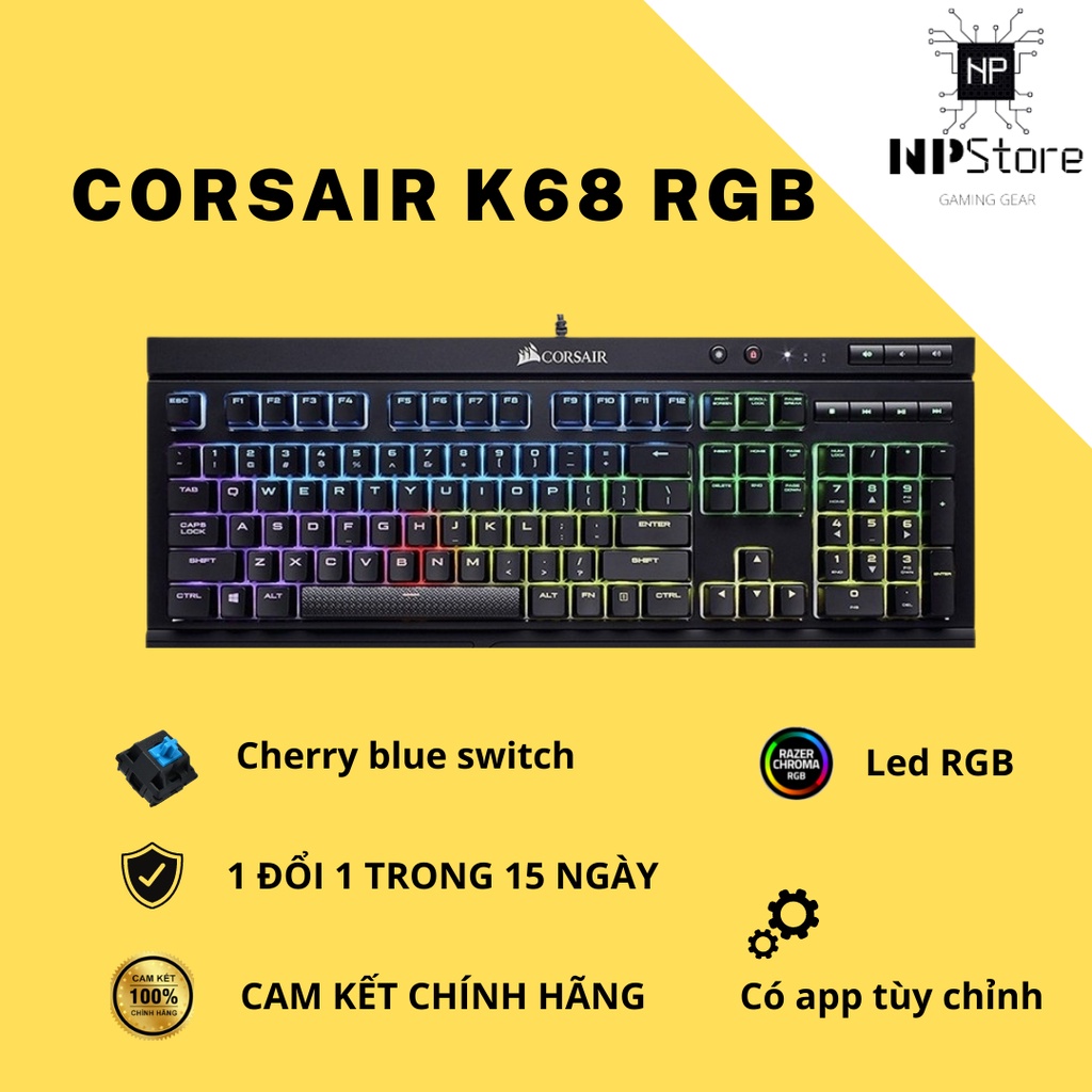 Bàn phím cơ gaming Corsair k68 cherry blue sw RGB giá rẻ chính hãng liknew