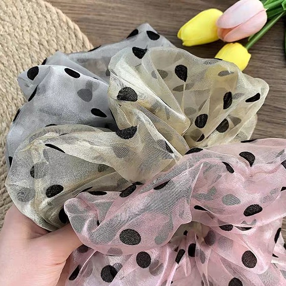 Scrunchie Cột Tóc Bản Lớn Voan Kính Chấm Bi Thanh Lịch Đáng Yêu