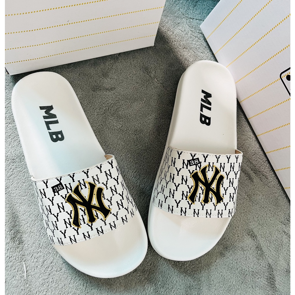 Dép nam nữ M.L.B Trắng chữ thêu hàng Full box, Quai ngang, Đế cao su nhẹ, êm chân